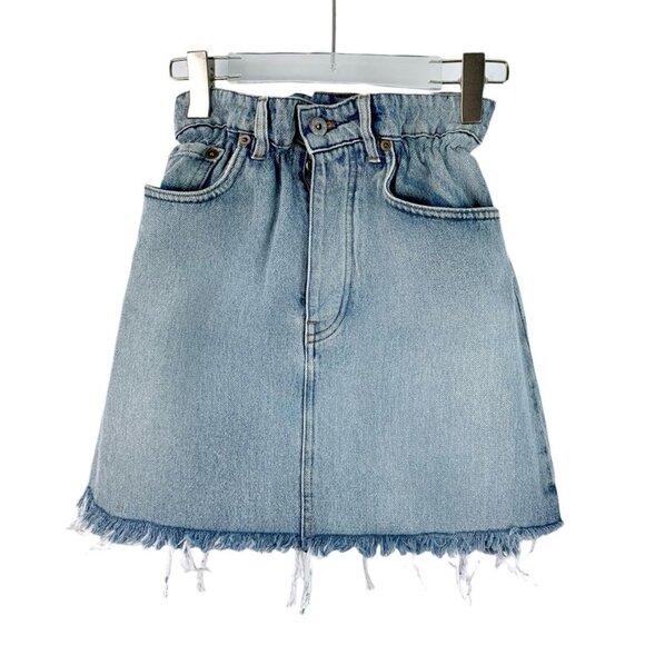 Miu Miu Blue Denim Skirt With Frayed Hem & Logo Pocket Size 36 XS 100% Cotton Ma - Picture 1 of 8